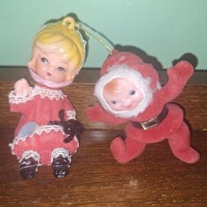Lot Of 2 Vintage Flocked Christmas Ornaments Little Miss Muffet Elf Hong Kong